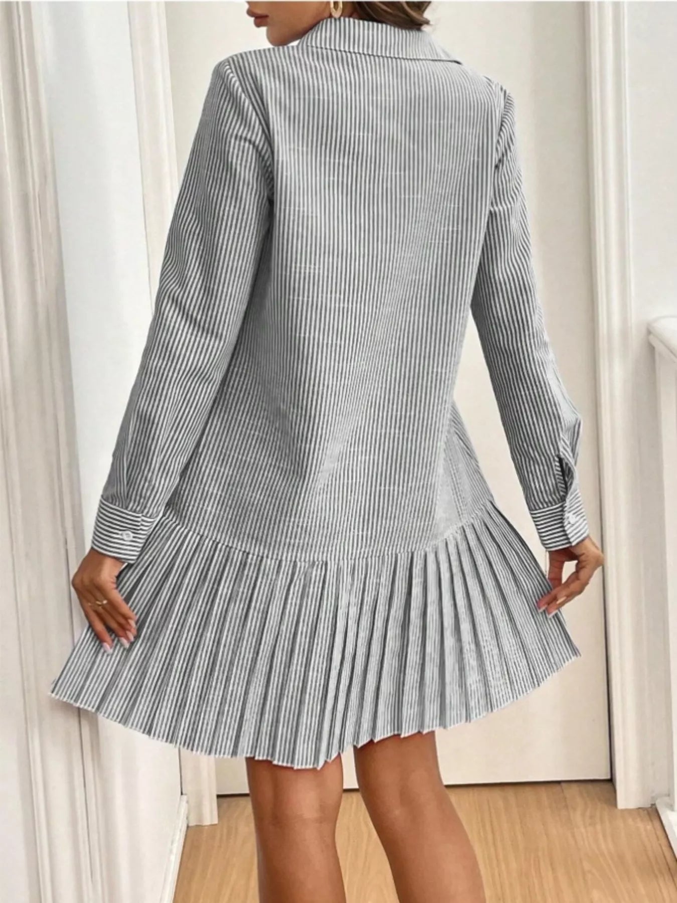 Classic Striped Pleated Hem Button-Up Shirt Dress