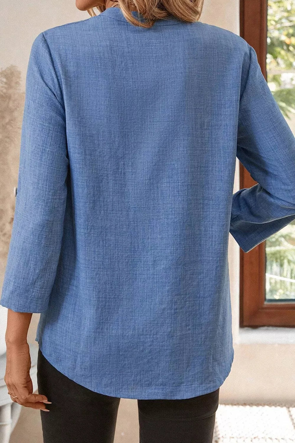 Classic Roll-Up Sleeve Notched Collar Blouse with Pocket Detail