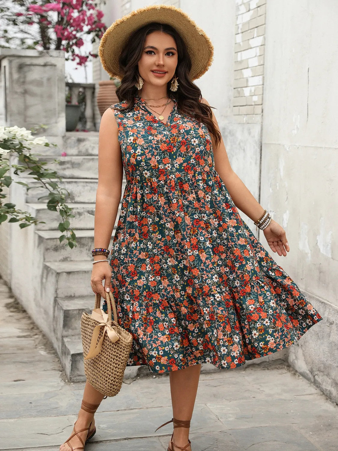 Plus Size Floral Tiered Sleeveless Dress – Casual & Flowy Summer Style