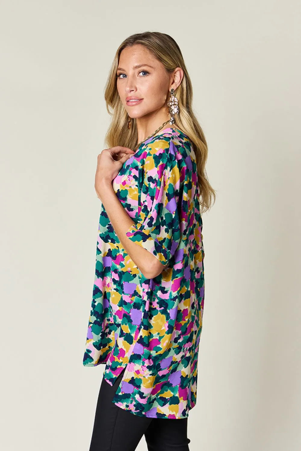 Double Take Plus Size Printed V-Neck Slit Top – Flowy & Chic