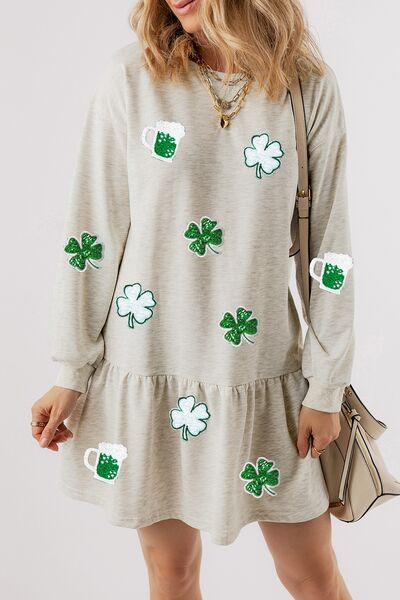 Clover Beer Sequin Ruffle Hem Dress - Festive & Fun White