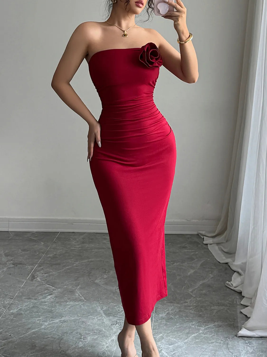 BloomBack Slit Back Floral Tube Midi Dress
