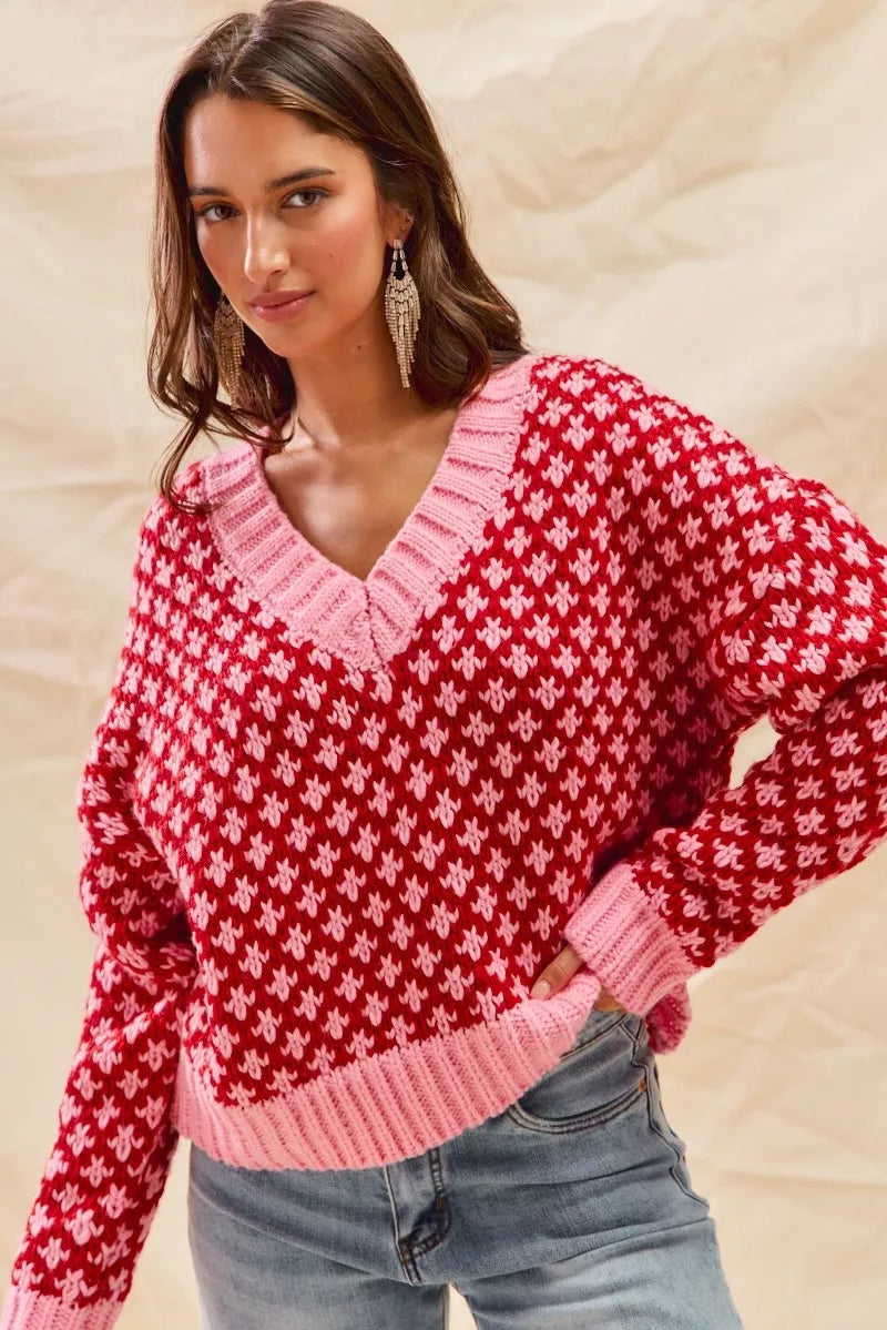 SO ME Color Block Textured V-Neck Christmas Sweater Top