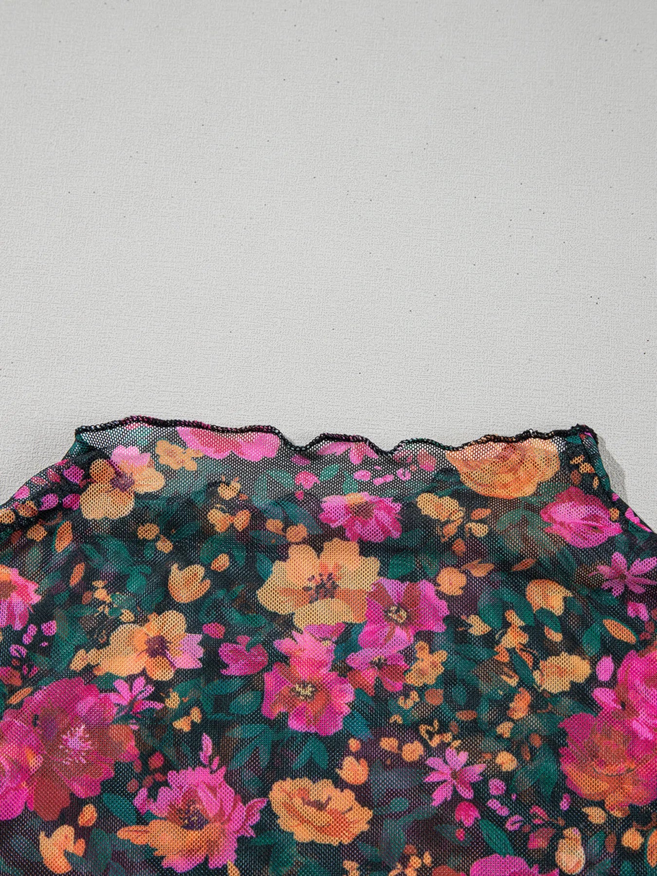 BloomMist Floral Mesh Mock Neck Short Sleeve Top