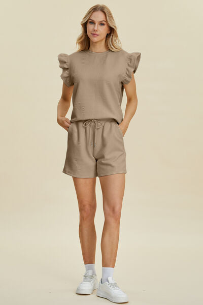 Textured Ruffle Sleeve Top & Shorts Set - Chic & Comfy