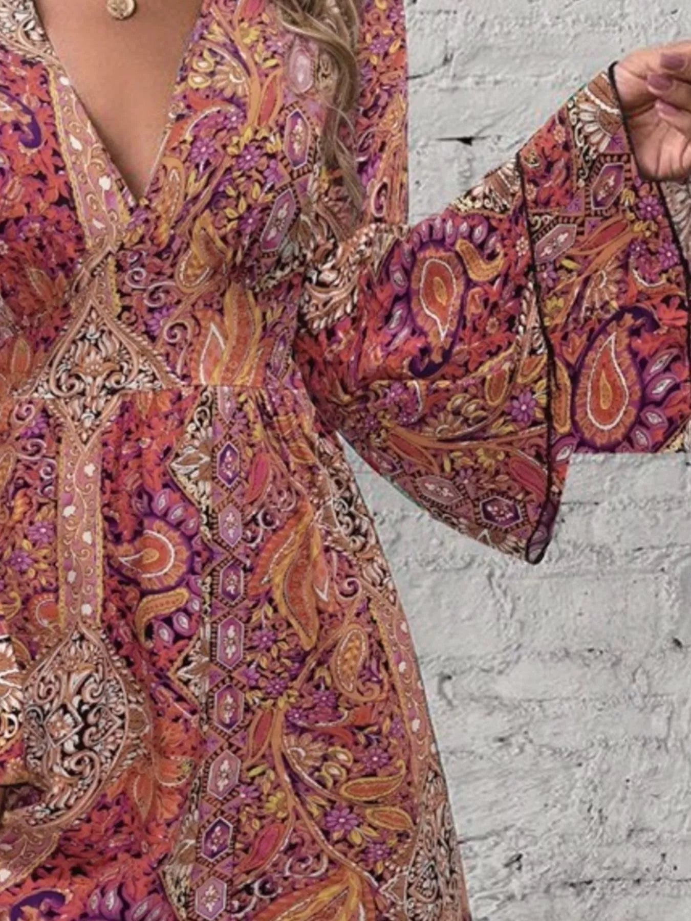 Paisley Print V-Neck Ruffled Flounce Sleeve Dress