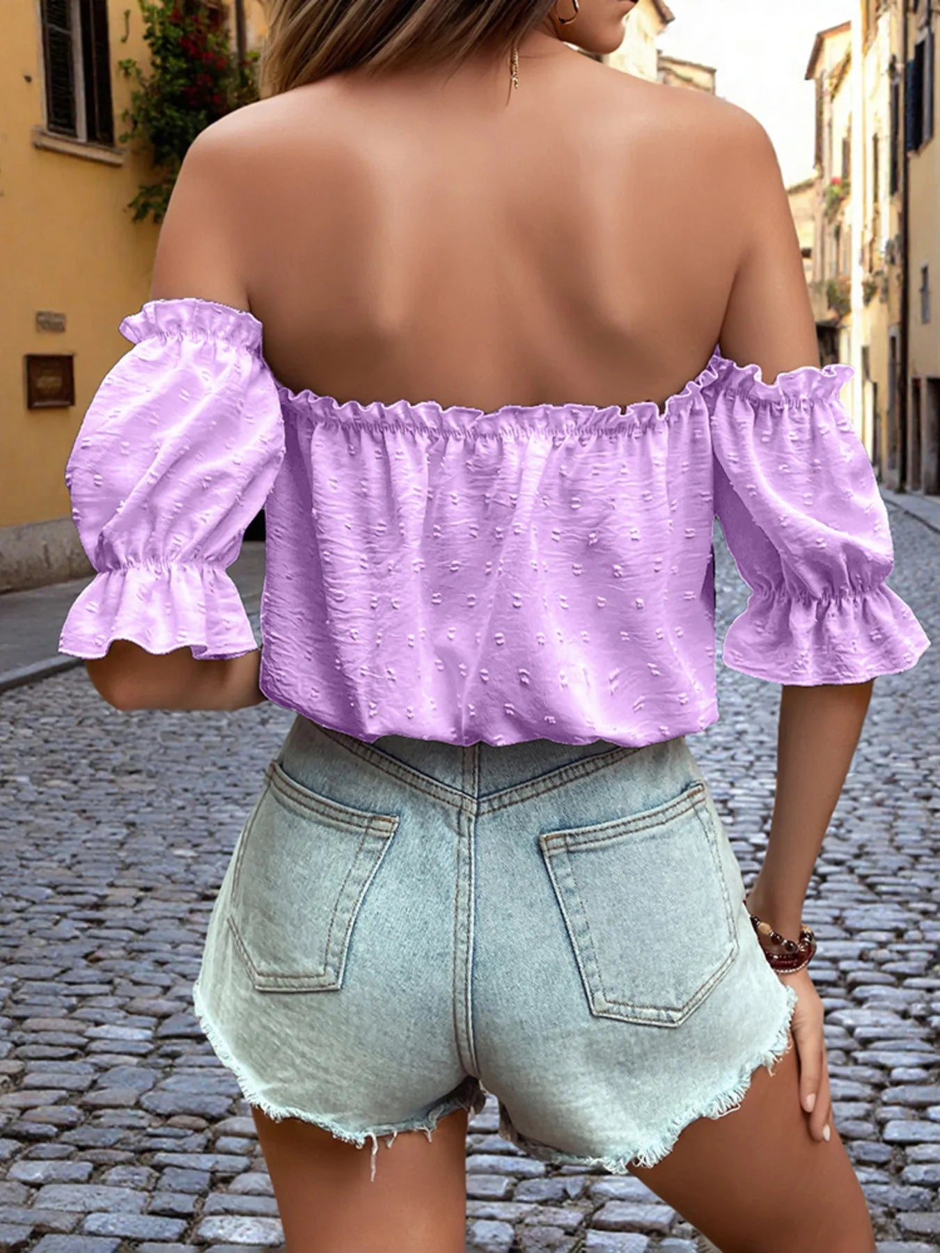 Chic Off-Shoulder Swiss Dot Ruffle Blouse with Tie Front – Elegant and Feminine Style