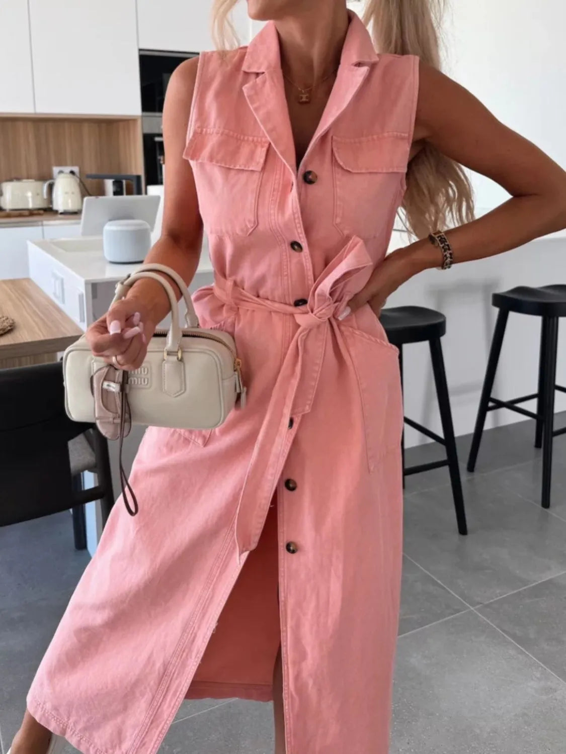 Sleeveless Button-Front Denim Maxi Dress with Belt