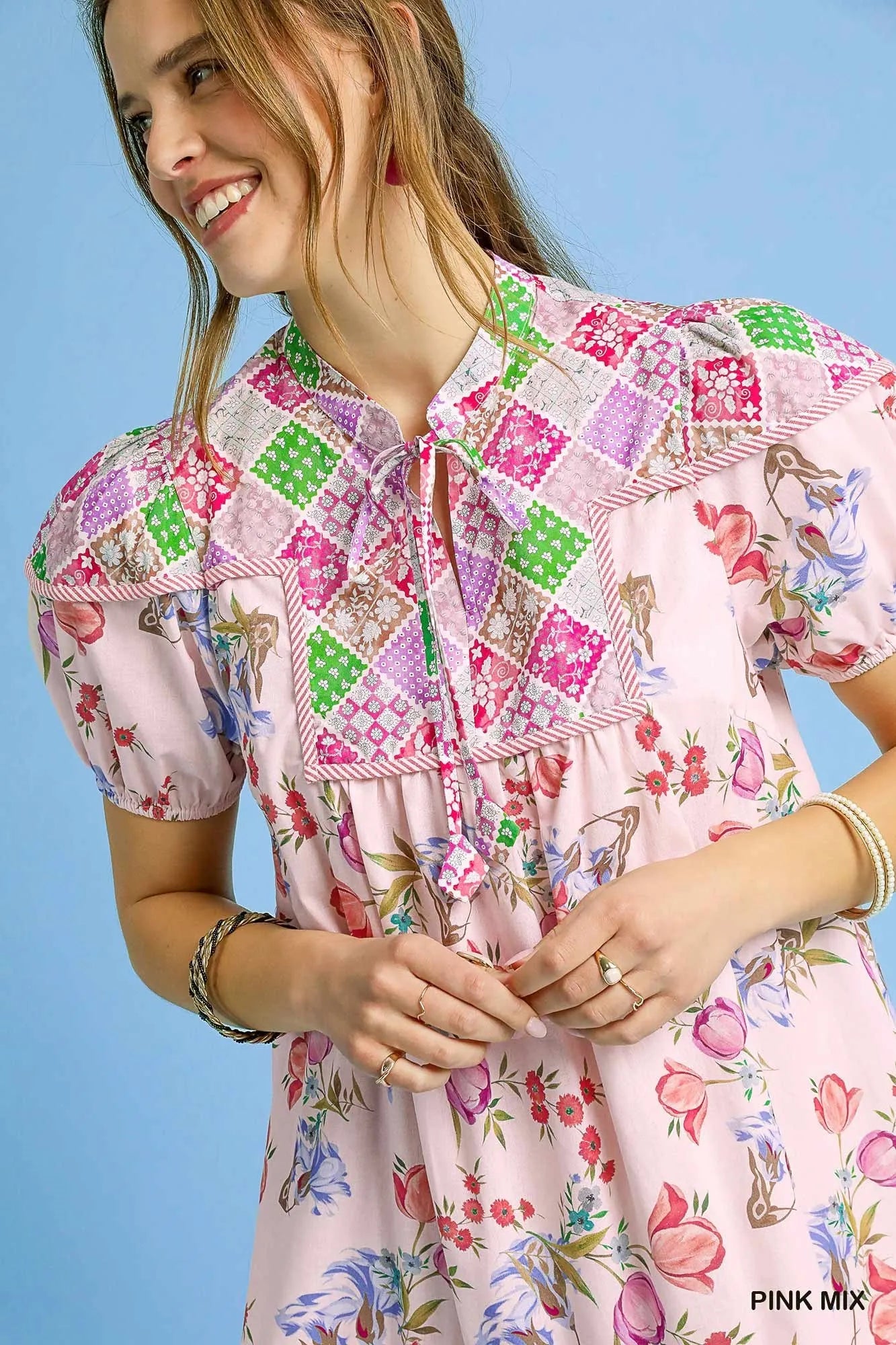 Umgee Floral Print Tie Neck Puff Sleeve Dress