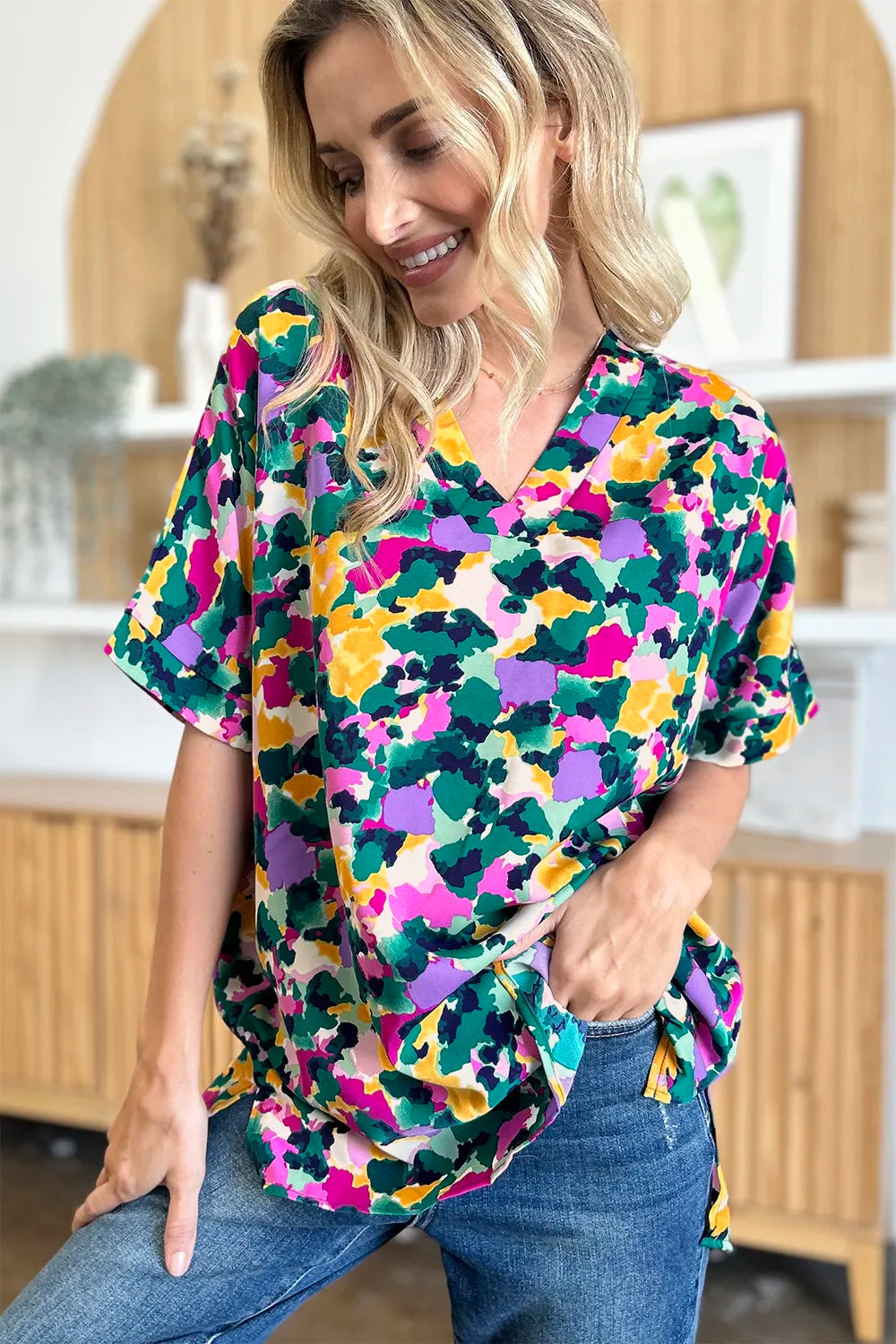 Double Take Plus Size Printed V-Neck Slit Top – Flowy & Chic