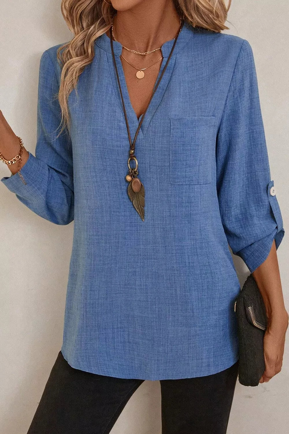 Classic Roll-Up Sleeve Notched Collar Blouse with Pocket Detail