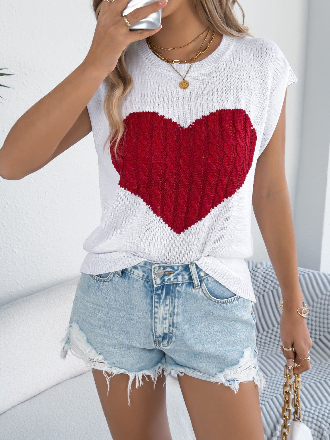 Cable Knit Heart Cap Sleeve Top - Soft & Stylish