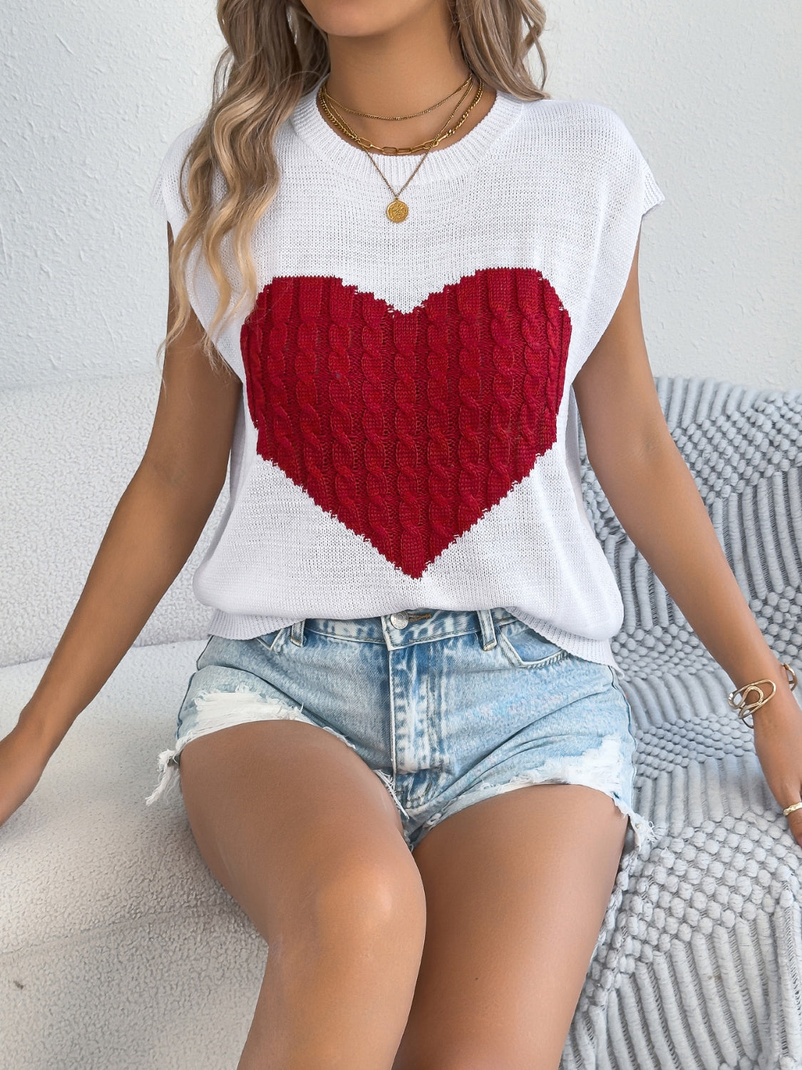 Cable Knit Heart Cap Sleeve Top - Soft & Stylish