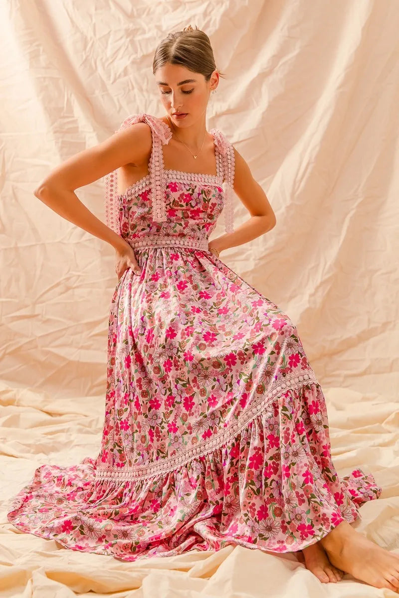 SO ME Floral Maxi Dress with Ribbon Tie Lace Strap – Boho Summer Tiered Dress