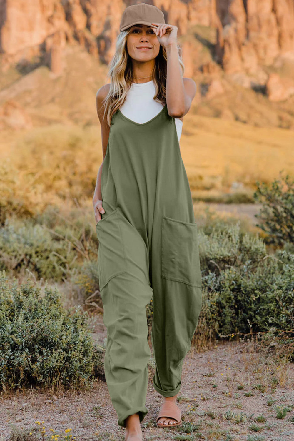 Double Take Full Size V-Neck Sleeveless Jumpsuit with Pockets Army Green