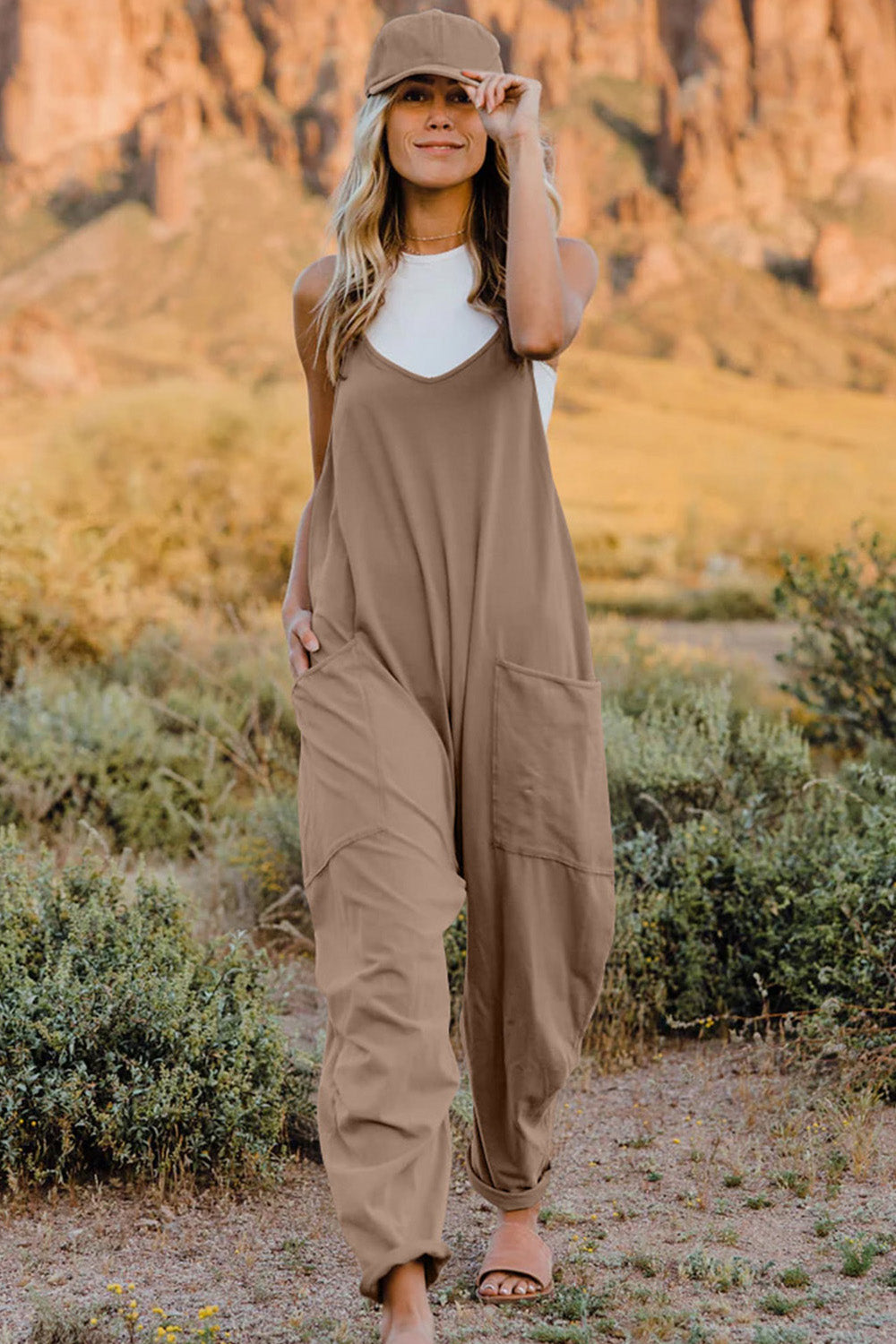 Double Take Full Size V-Neck Sleeveless Jumpsuit with Pockets Khaki