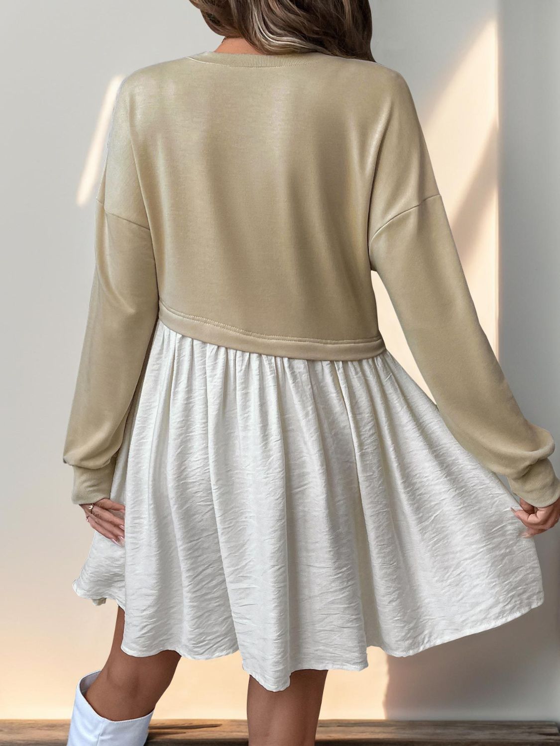 Perfee Ruched Contrast Long Sleeve Mini Dress