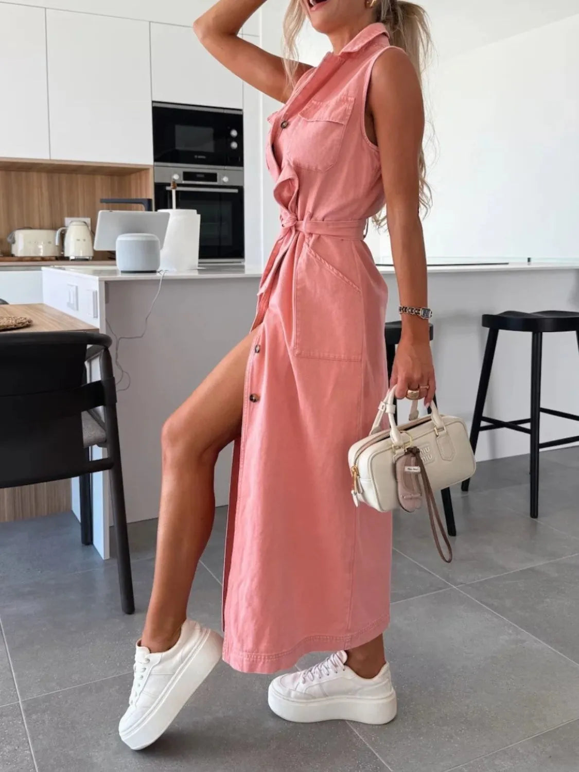 Sleeveless Button-Front Denim Maxi Dress with Belt