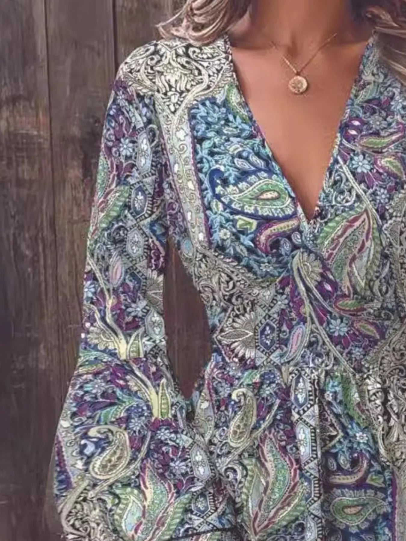 Paisley Print V-Neck Ruffled Flounce Sleeve Dress