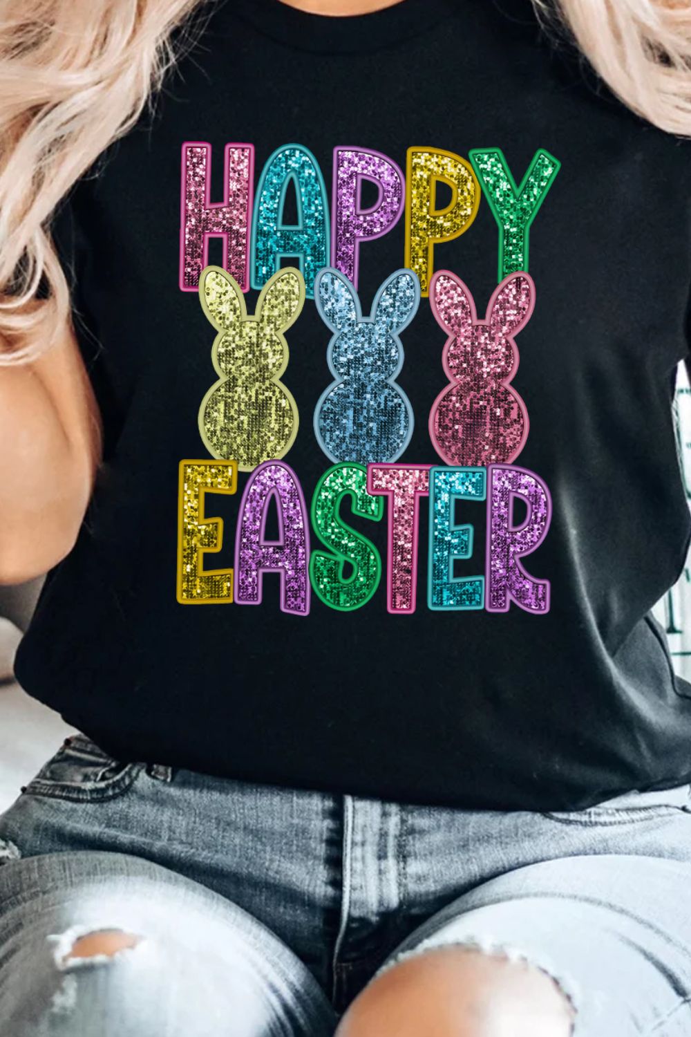 HAPPY EASTER Sequin Bunny T-Shirt - Festive & Sparkly Tee