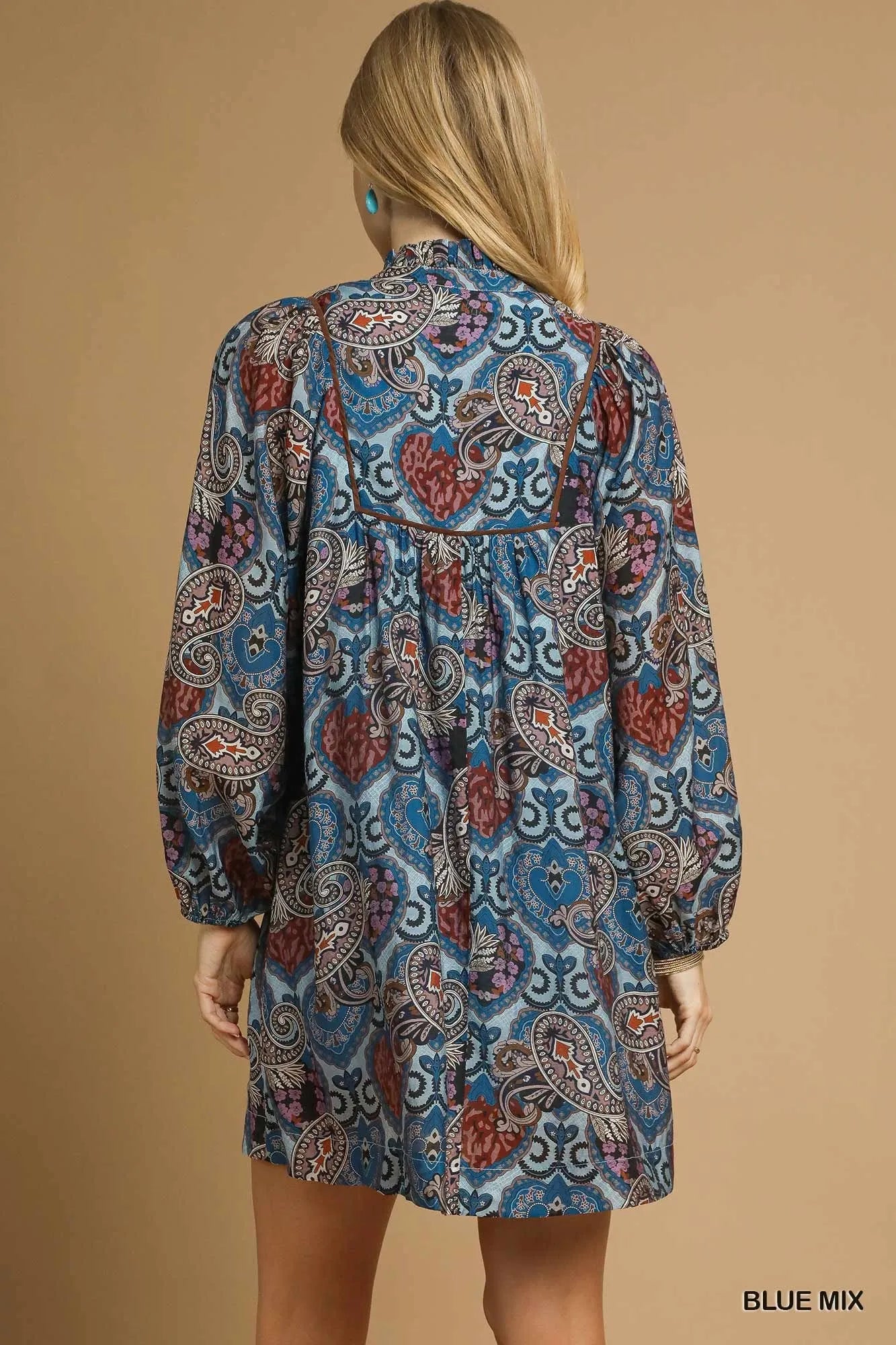 Umgee Bohemian Paisley Print Babydoll Mini Dress with Balloon Sleeves