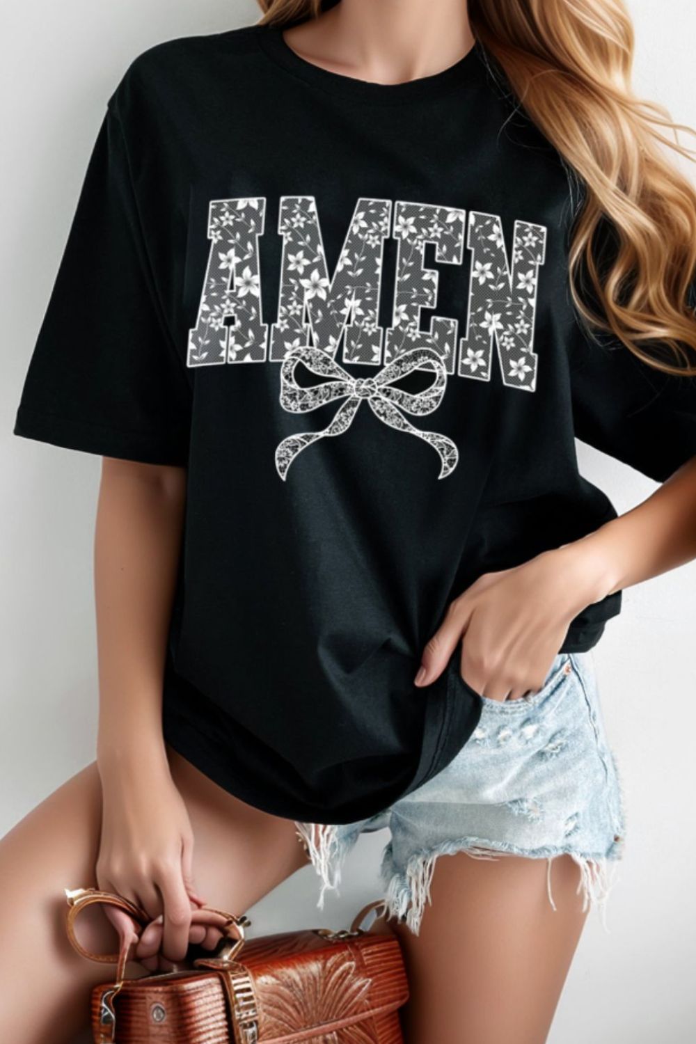 AMEN Bow Round Neck Short Sleeve T-Shirt - Casual & Stylish Black