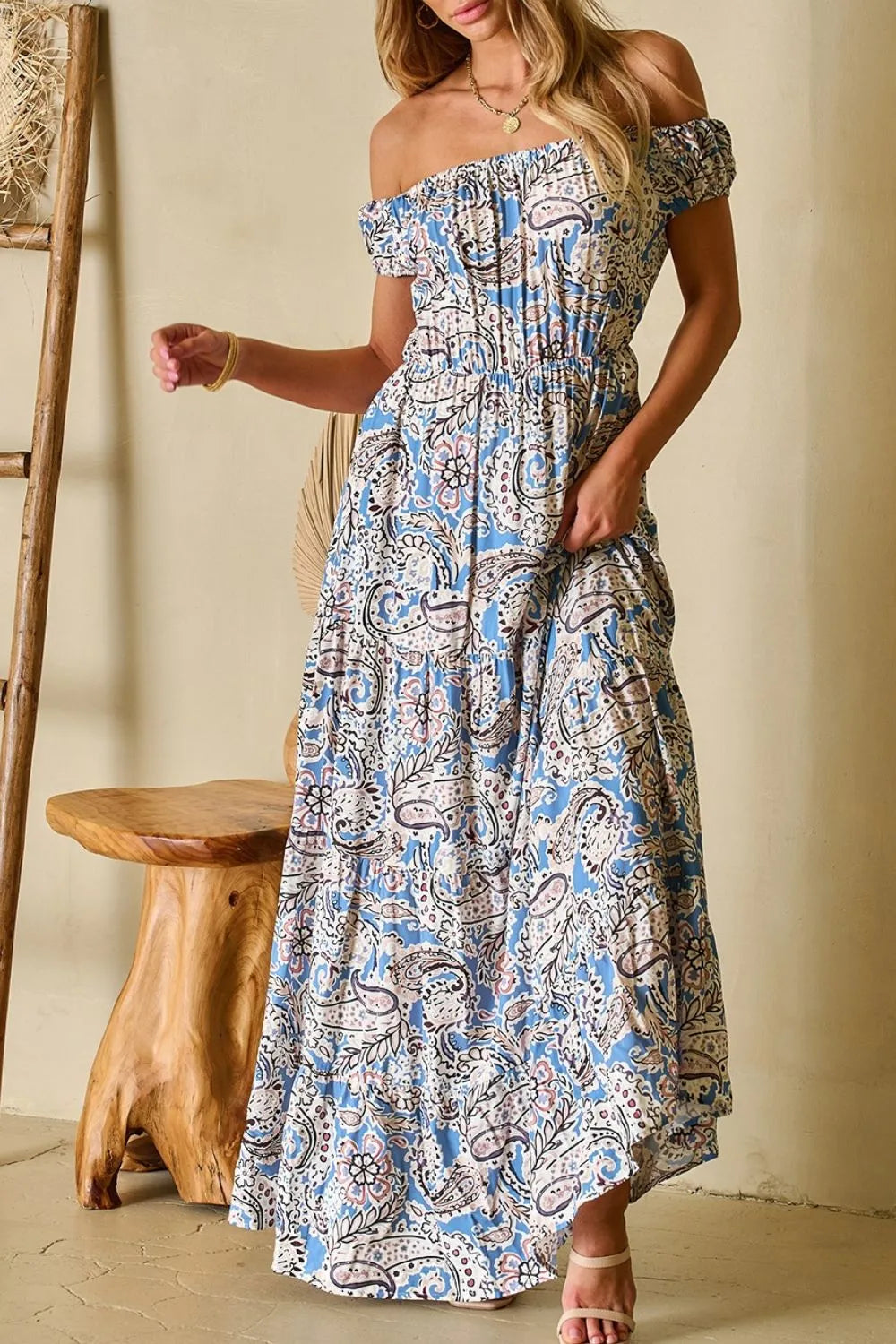 Boho Off-Shoulder Paisley Print Maxi Dress Dusty Blue