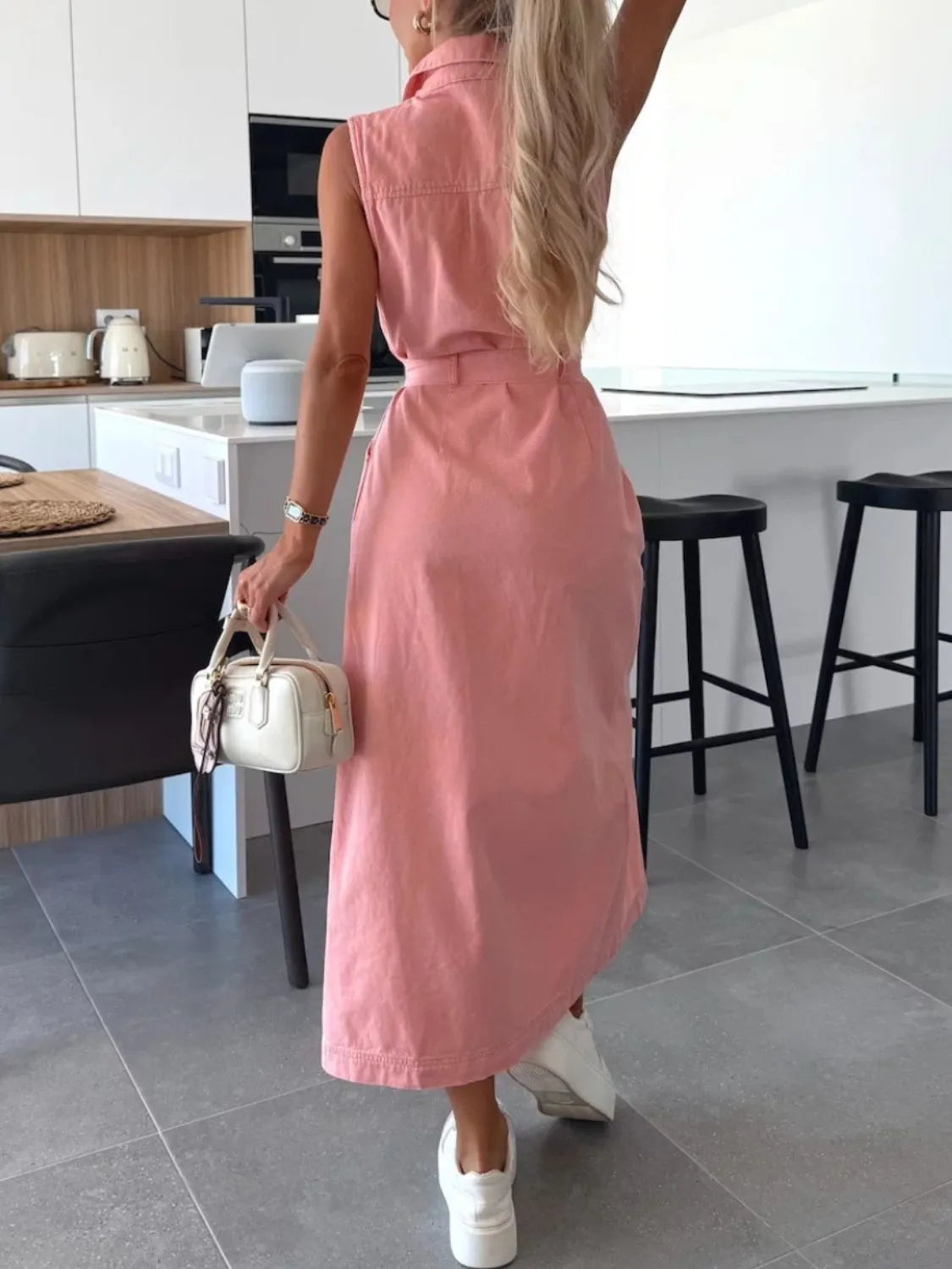 Sleeveless Button-Front Denim Maxi Dress with Belt