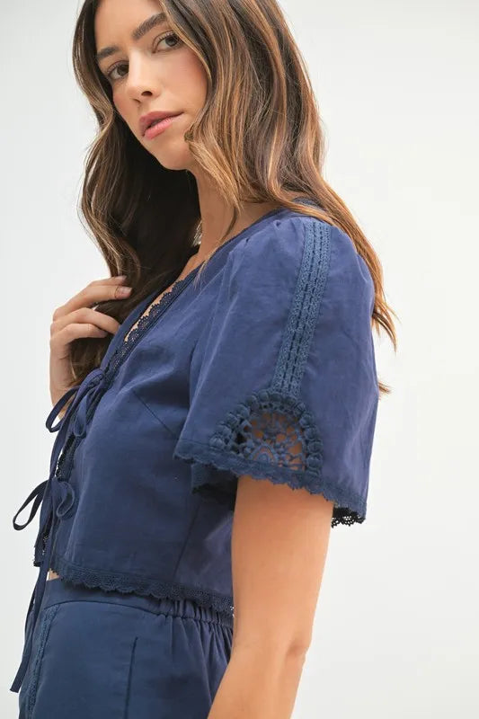 MABLE Crochet Lace Crop Top & Shorts Set - Elegant Two-Piece Outfit