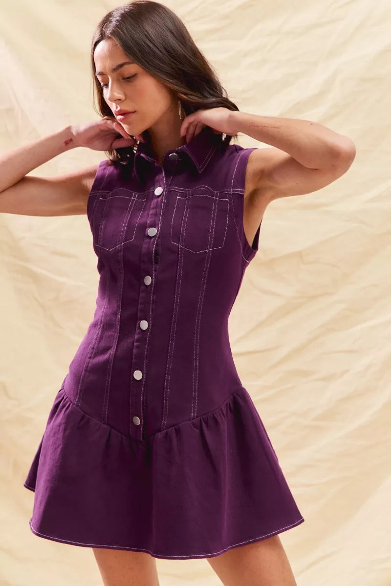 SO ME Sleeveless Collared Button-Down Mini Dress