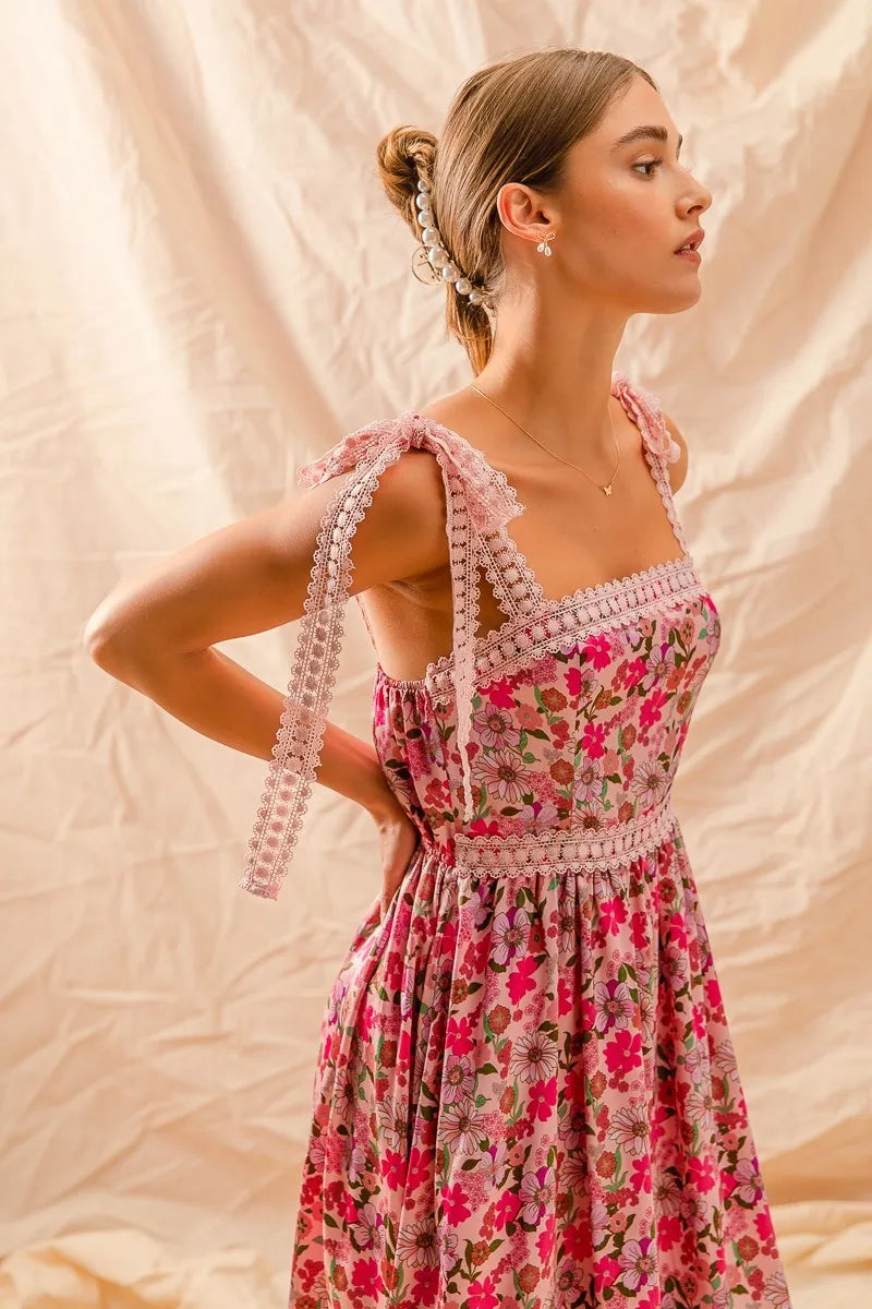 SO ME Floral Maxi Dress with Ribbon Tie Lace Strap – Boho Summer Tiered Dress