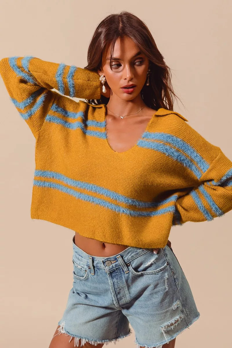 SO ME Fuzzy Striped Deep U-Neck Sweater – Oversized Cozy Top