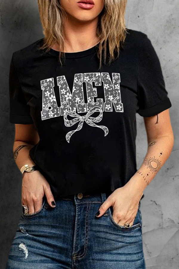 AMEN Bow Round Neck Short Sleeve T-Shirt - Casual & Stylish