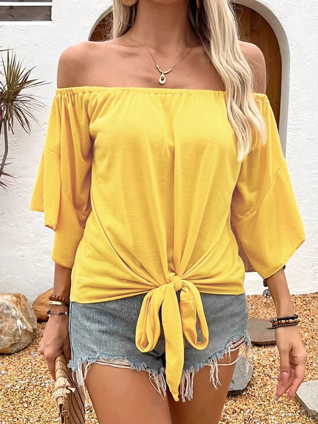 Off-Shoulder Tie-Front Casual T-Shirt