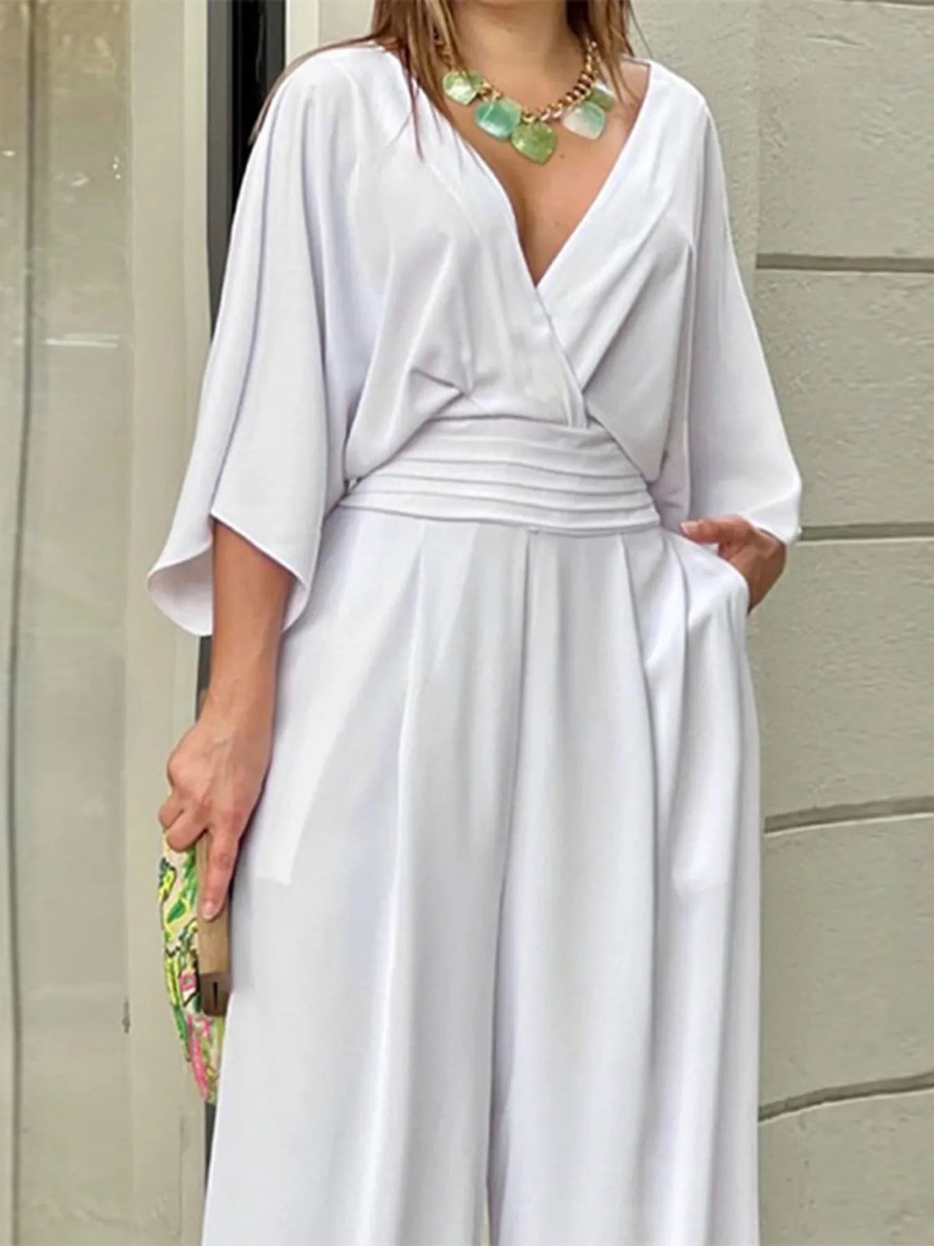 Plus Size Wide-Leg Wrap Jumpsuit with Kimono Sleeves