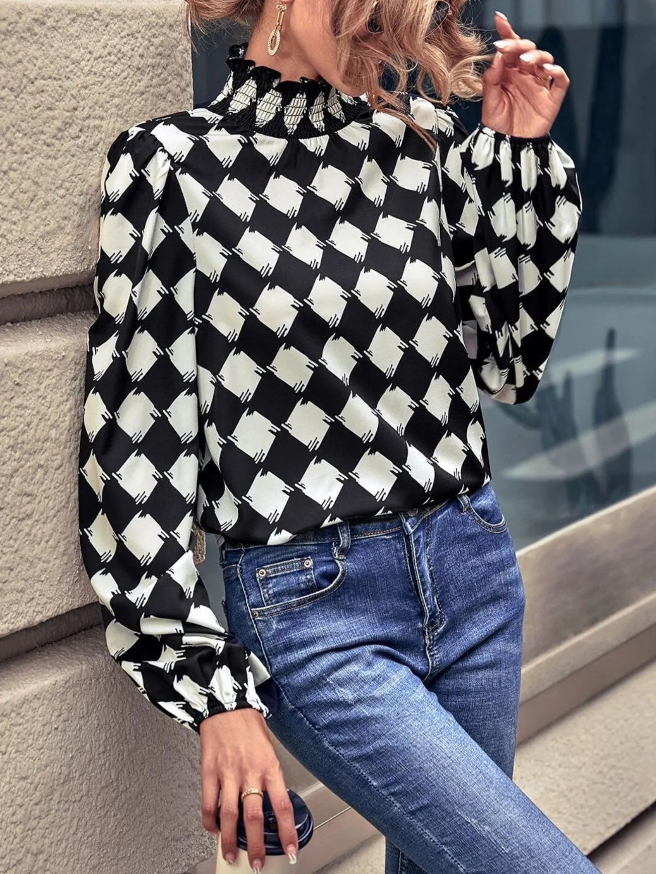 Checkered Pattern Balloon Sleeve Blouse – Cotton Blend Casual Chic Top