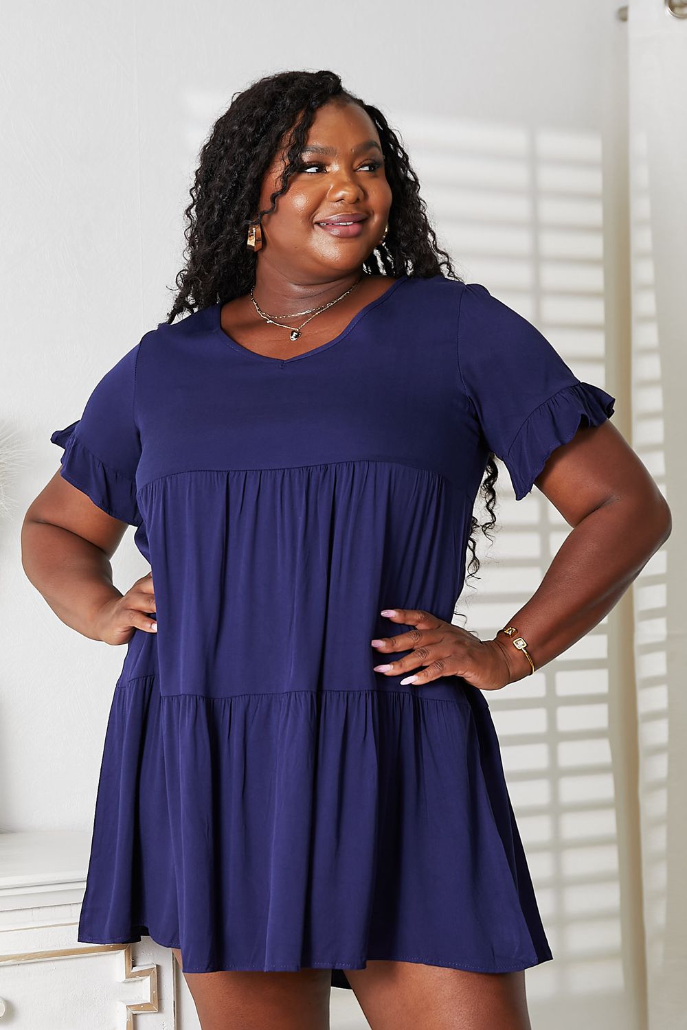 Mandy V-Neck Flounce Sleeve Tiered Dress Dark Blue