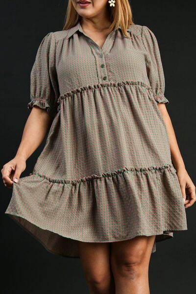 Umgee Full Size Plaid Frill Button Detail Ruffled Short Sleeve Dress