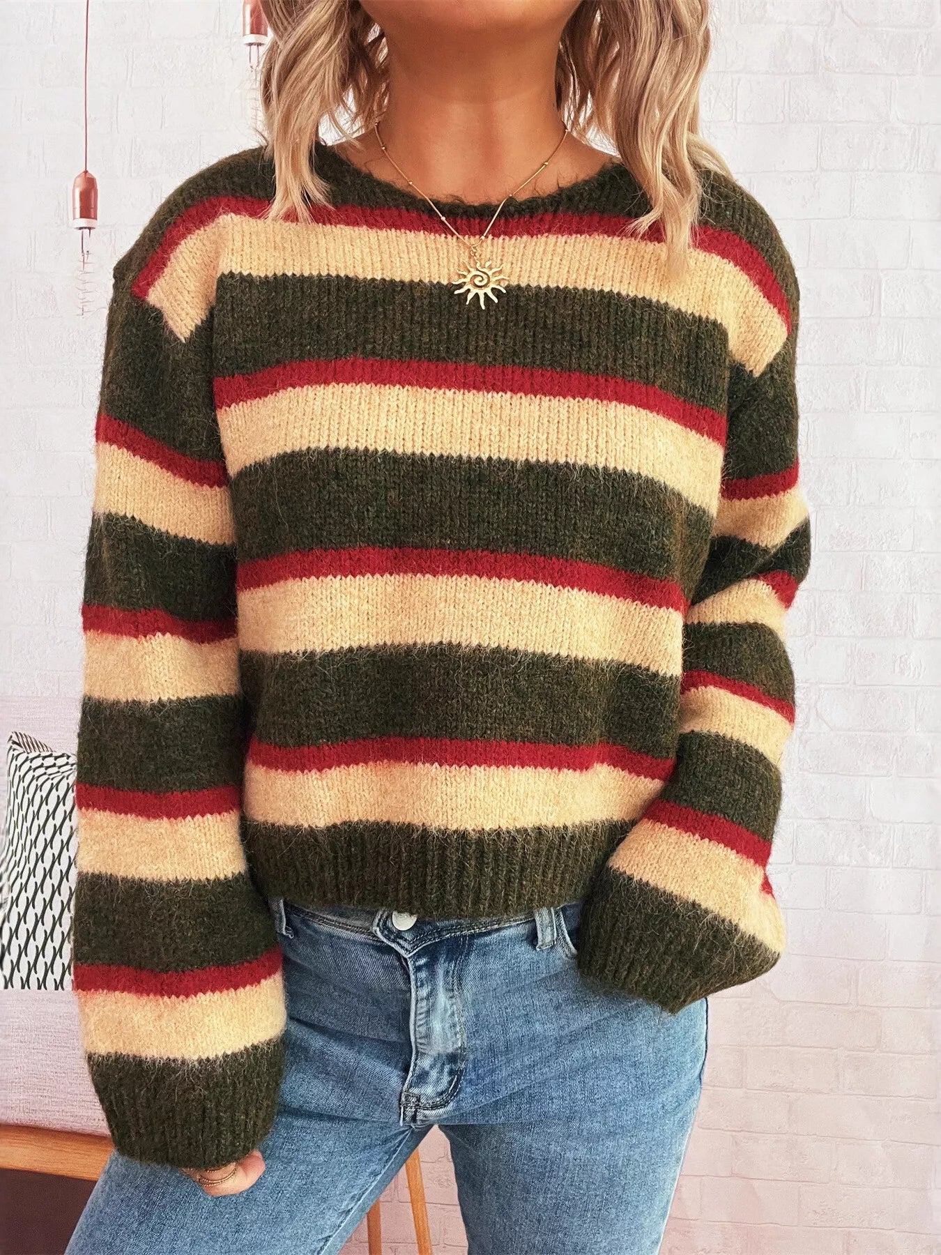 Striped Ribbed Round Neck Long Sleeve Sweater
