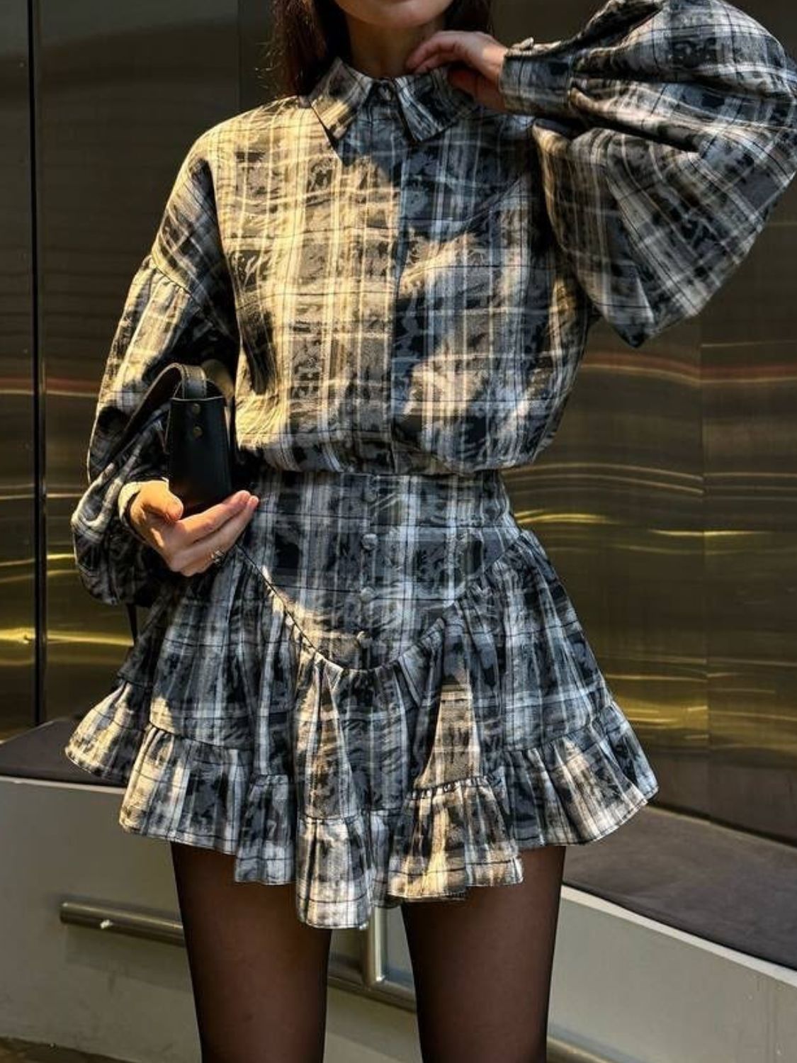 Lantern Sleeve Shirt & Ruffled Skirt Set - Chic & Feminine Light Gray