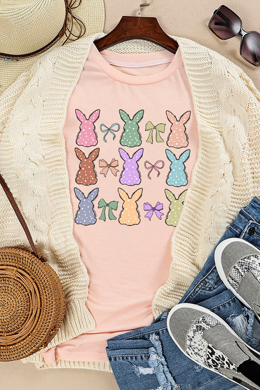 Dotty Bunny Bow Graphic T-Shirt - Cute Easter Tee for Women