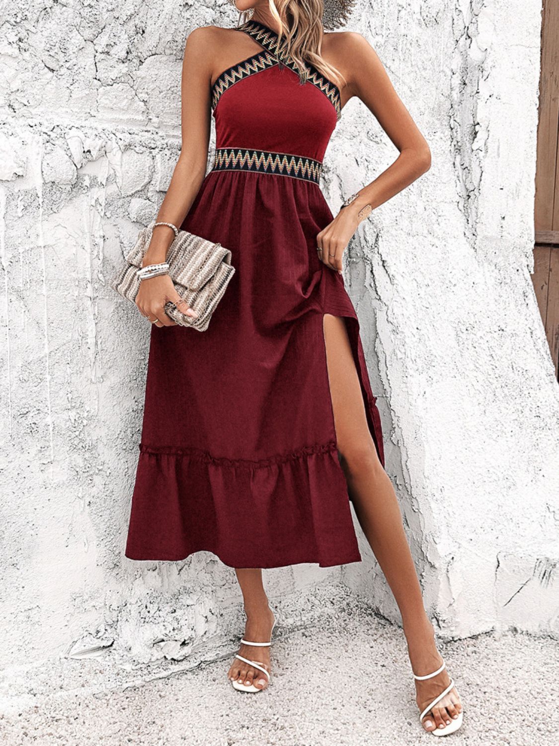 Devine Ruffled Slit Sleeveless Midi Dress - Elegant & Chic