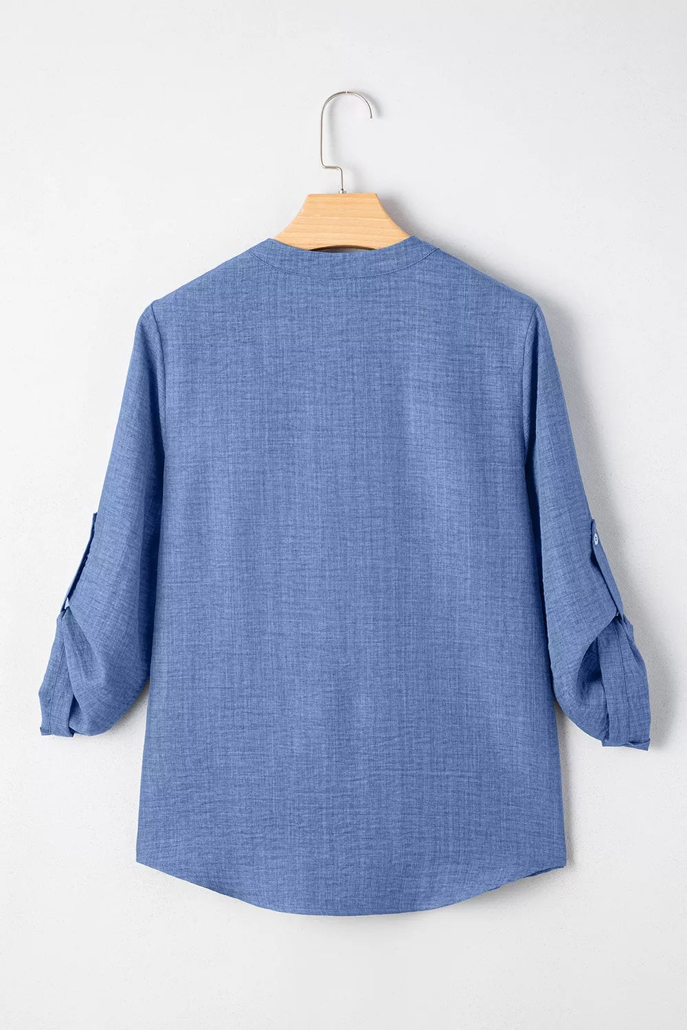 Classic Roll-Up Sleeve Notched Collar Blouse with Pocket Detail