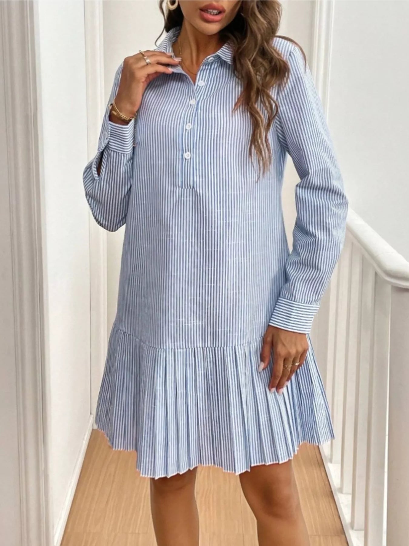 Classic Striped Pleated Hem Button-Up Shirt Dress