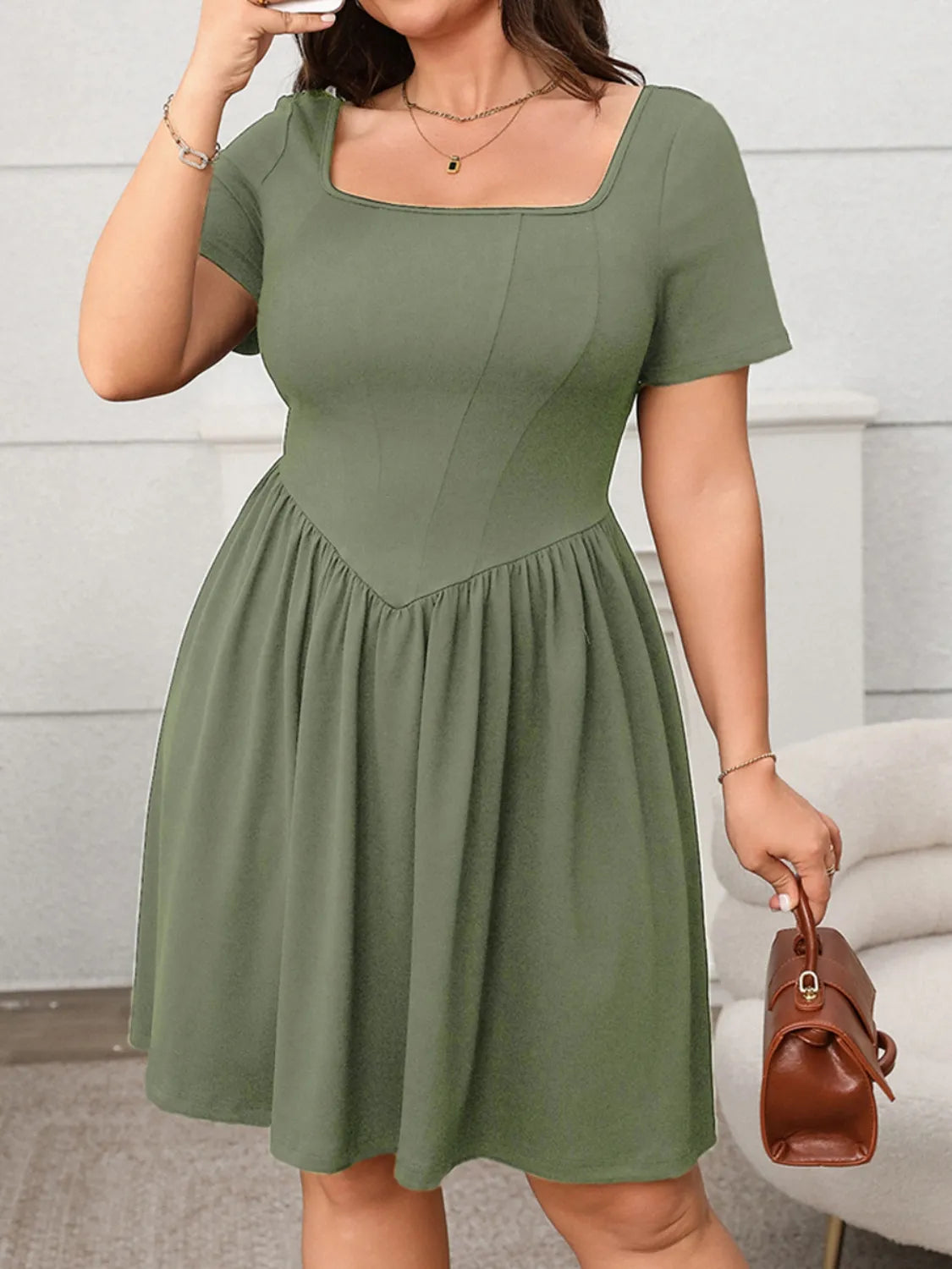 Plus Size Square Neck Short Sleeve Mini Dress – Comfortable & Chic