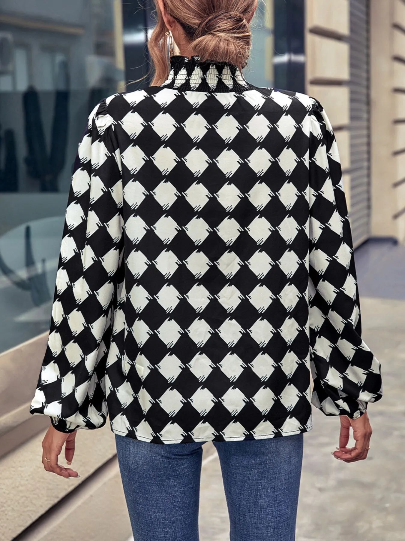 Checkered Pattern Balloon Sleeve Blouse – Cotton Blend Casual Chic Top