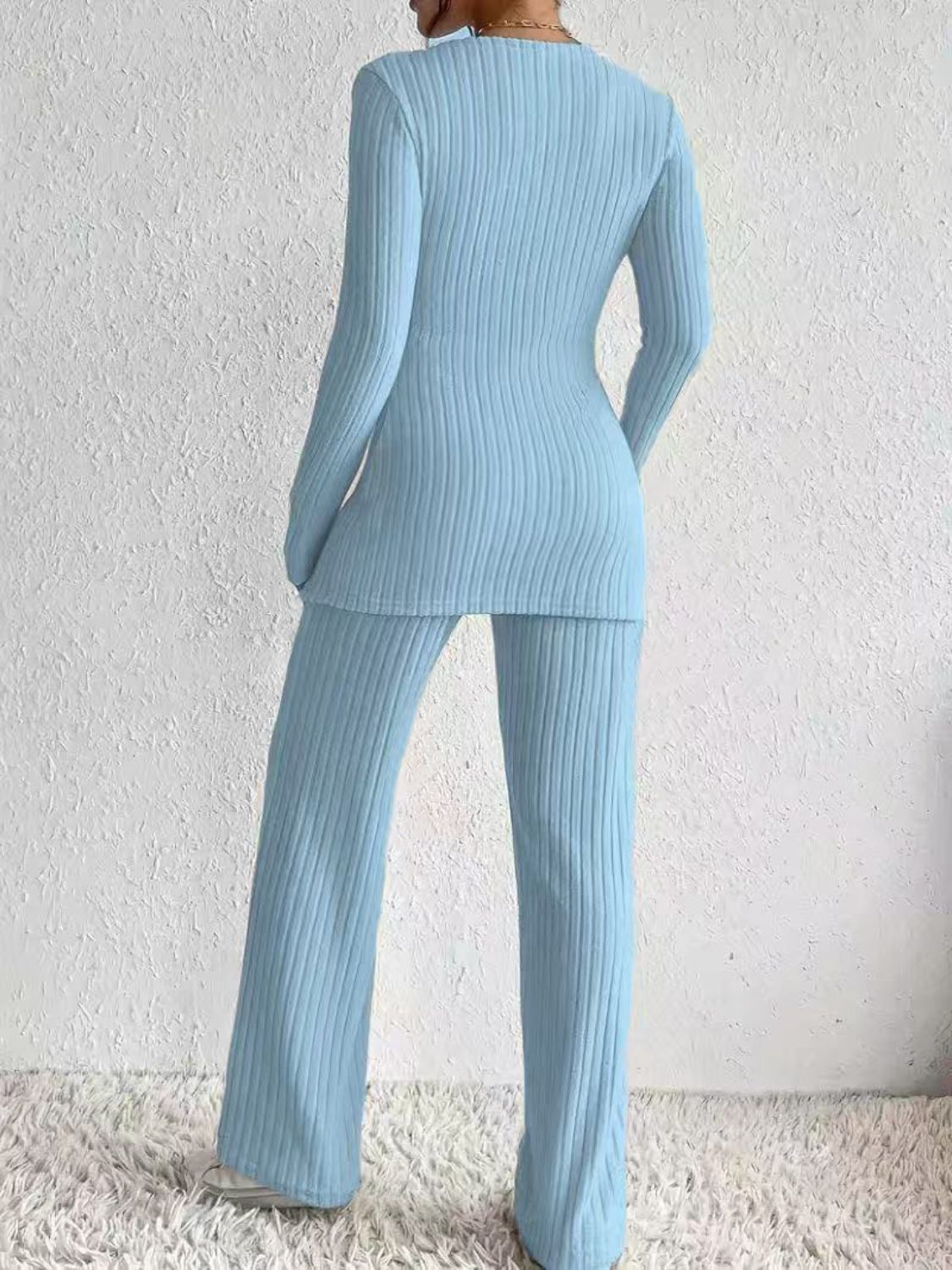 Surplice Long Sleeve Top & Pants Set - Chic Two-Piece Outfit