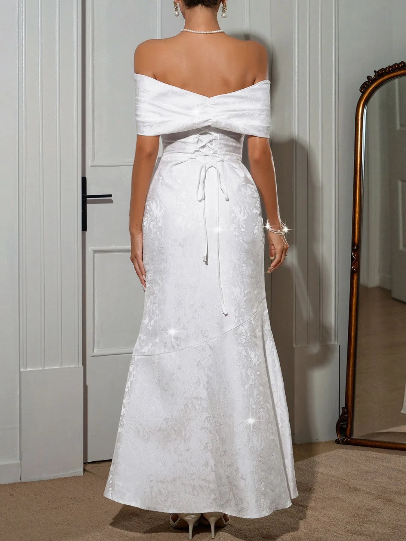 Lace-Up Off-Shoulder Maxi Dress with Statement Bow Detail