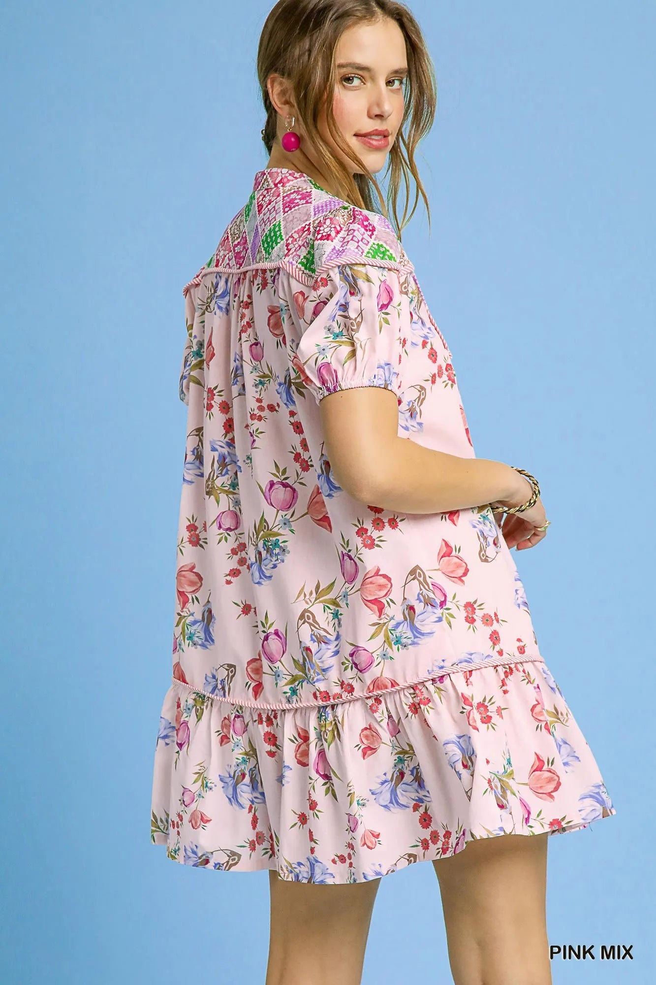 Umgee Floral Print Tie Neck Puff Sleeve Dress