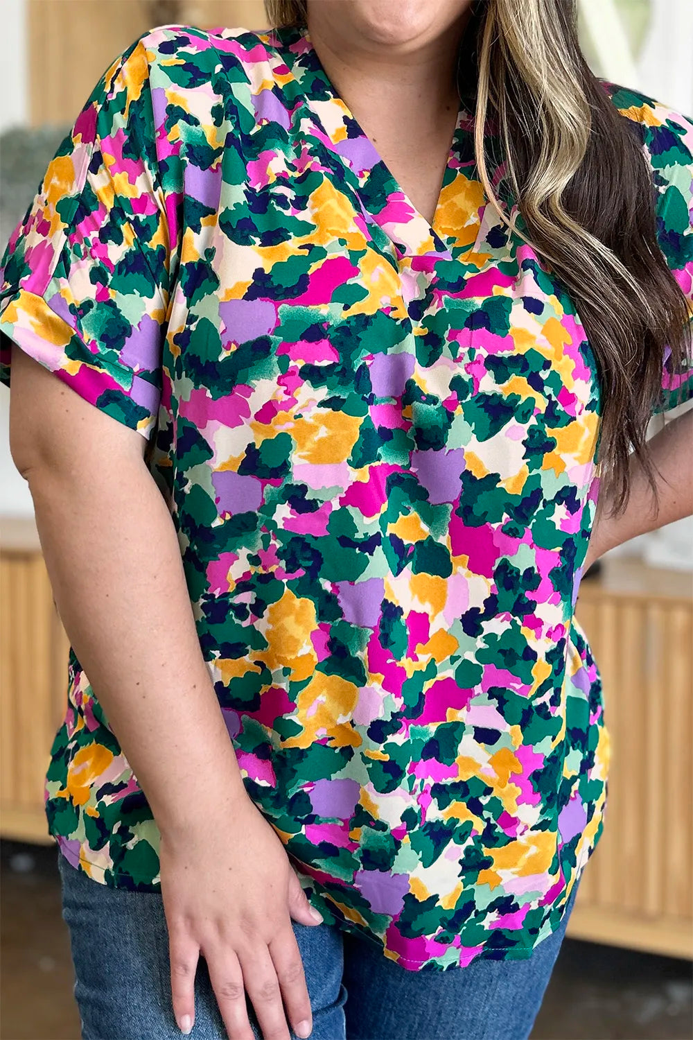Double Take Plus Size Printed V-Neck Slit Top – Flowy & Chic
